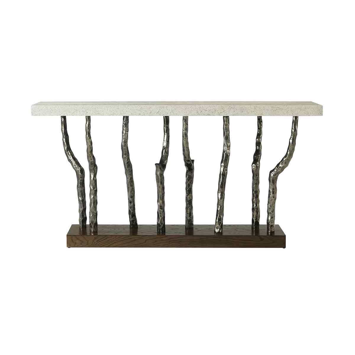 Front view of console table with unique iron design.