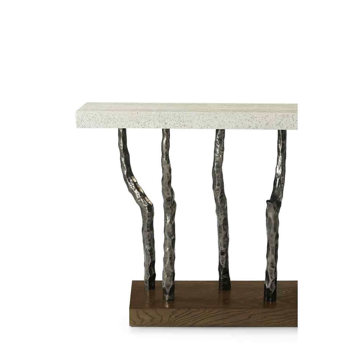 Side profile of console table highlighting iron structure.