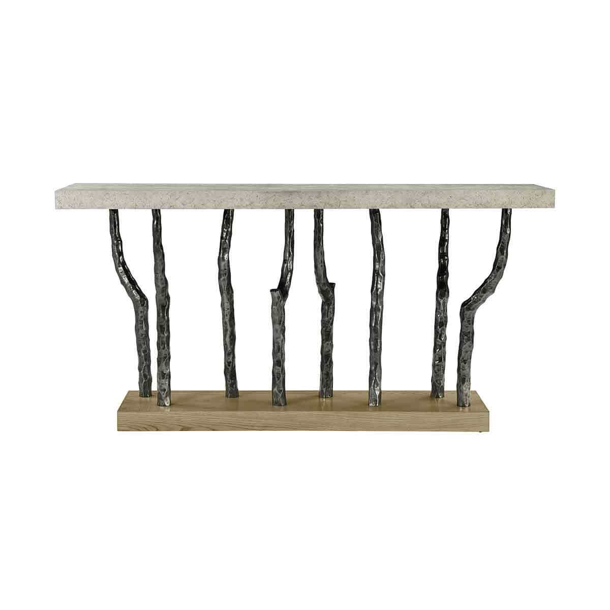 Front view of faux bois console table with wood base.