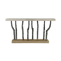 Front view of faux bois console table with wood base.