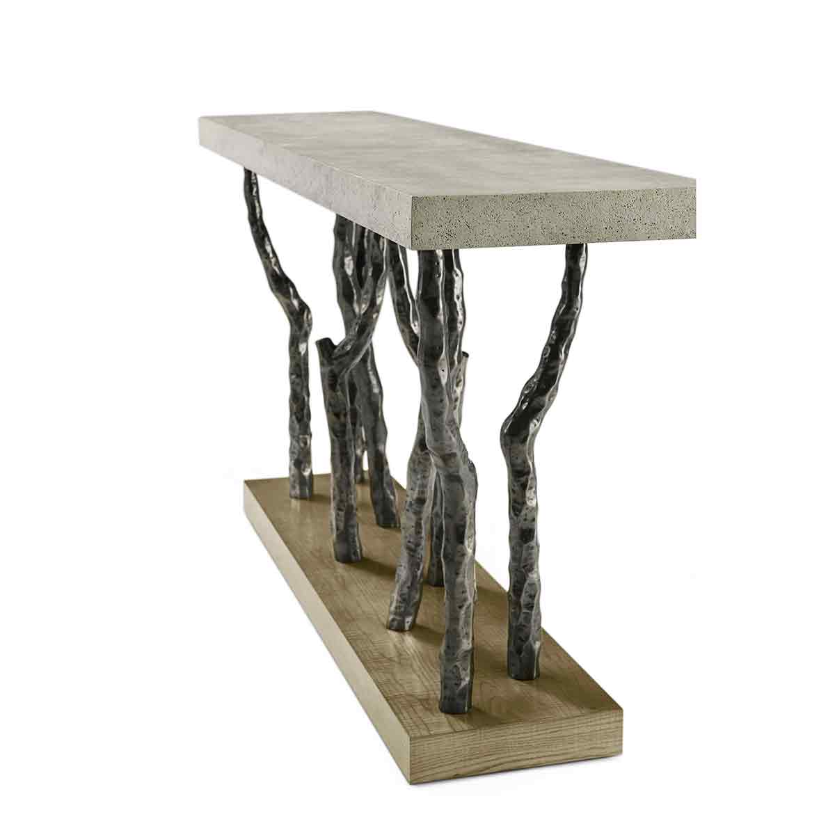 Angled view of faux bois console table showcasing design.