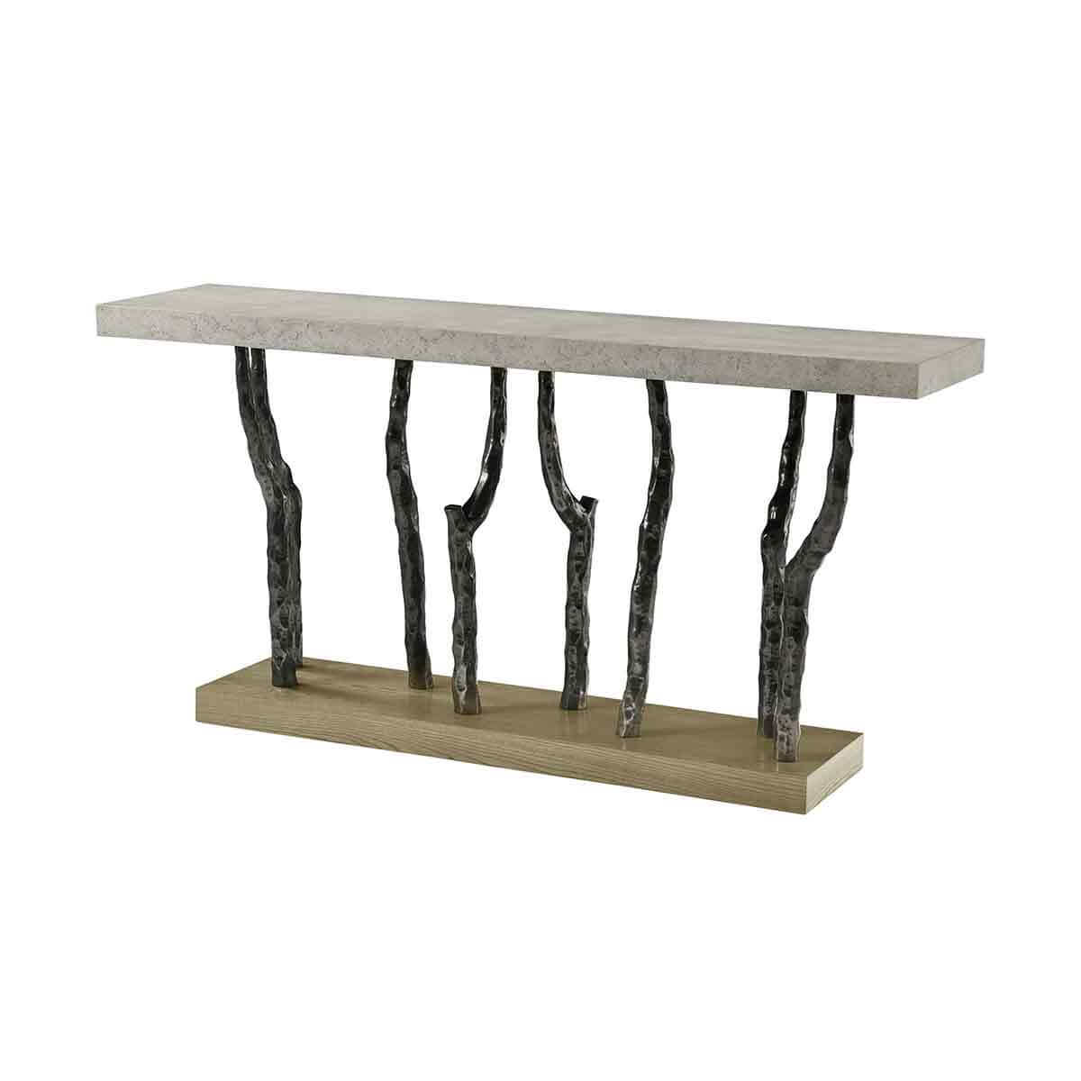 Modern faux bois console table with unique branch legs.