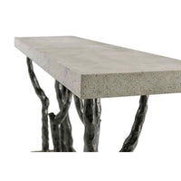 Close-up of faux bois console table's textured concrete top.