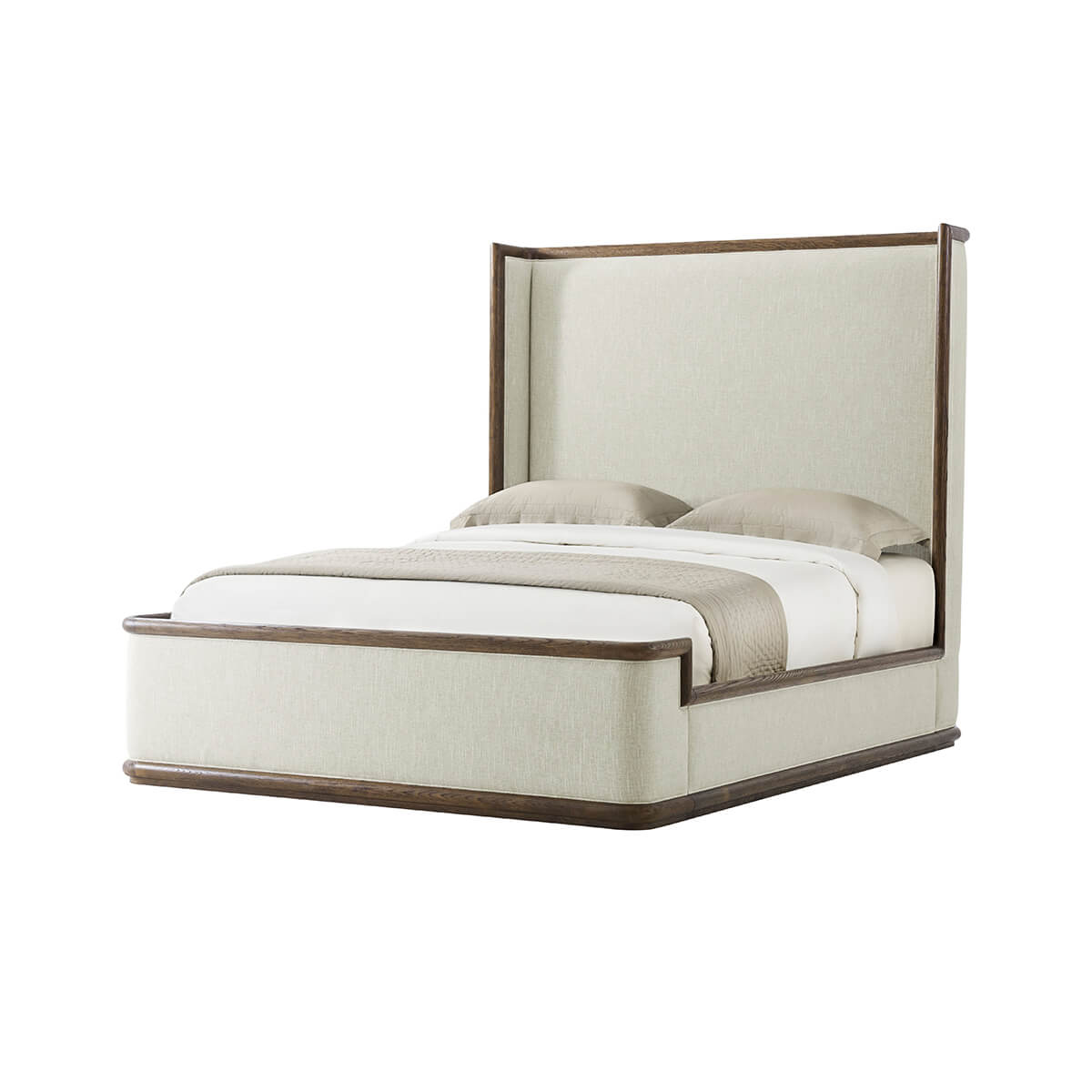 Angled view of modern upholstered bed without bedding.