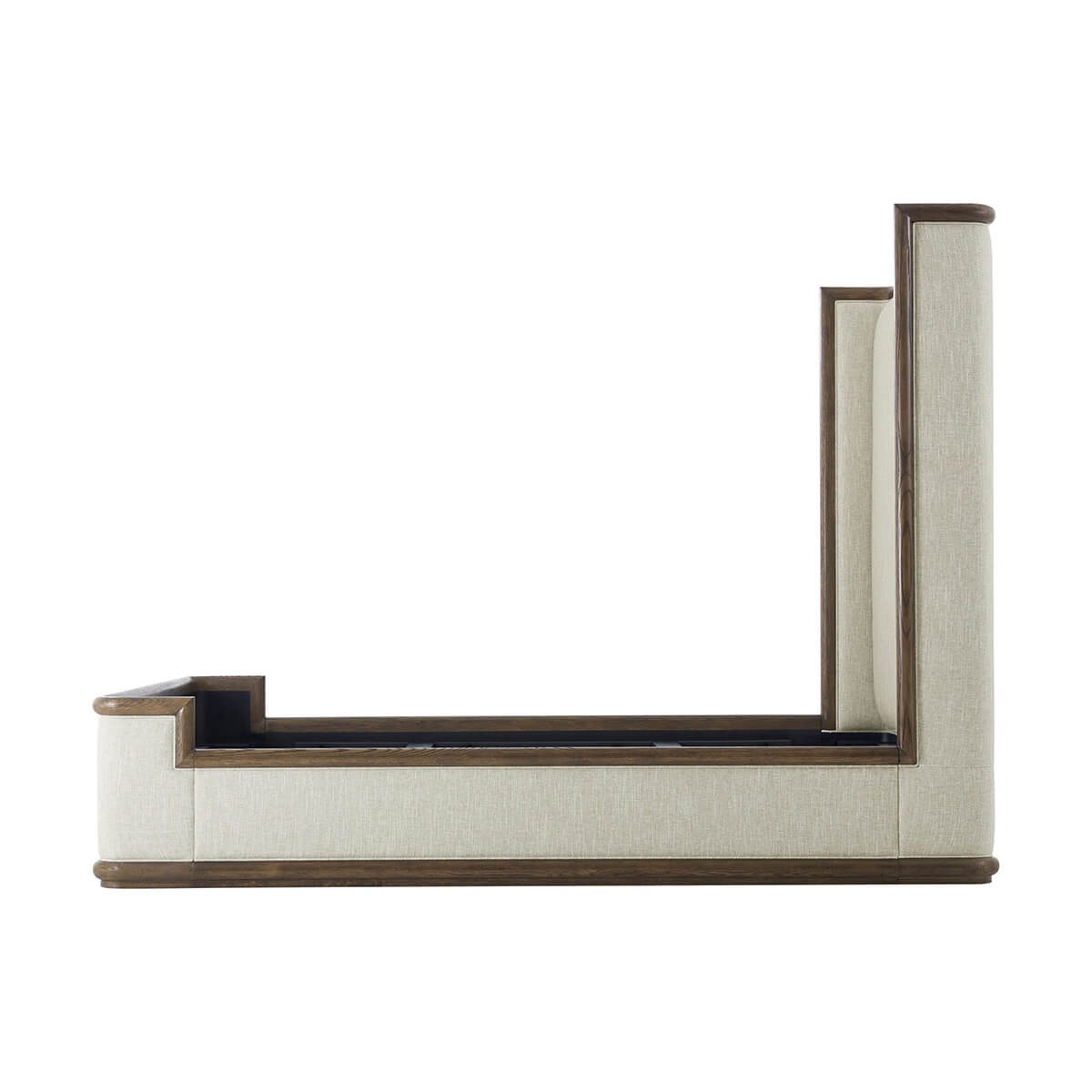 Profile view of modern upholstered bed structure.