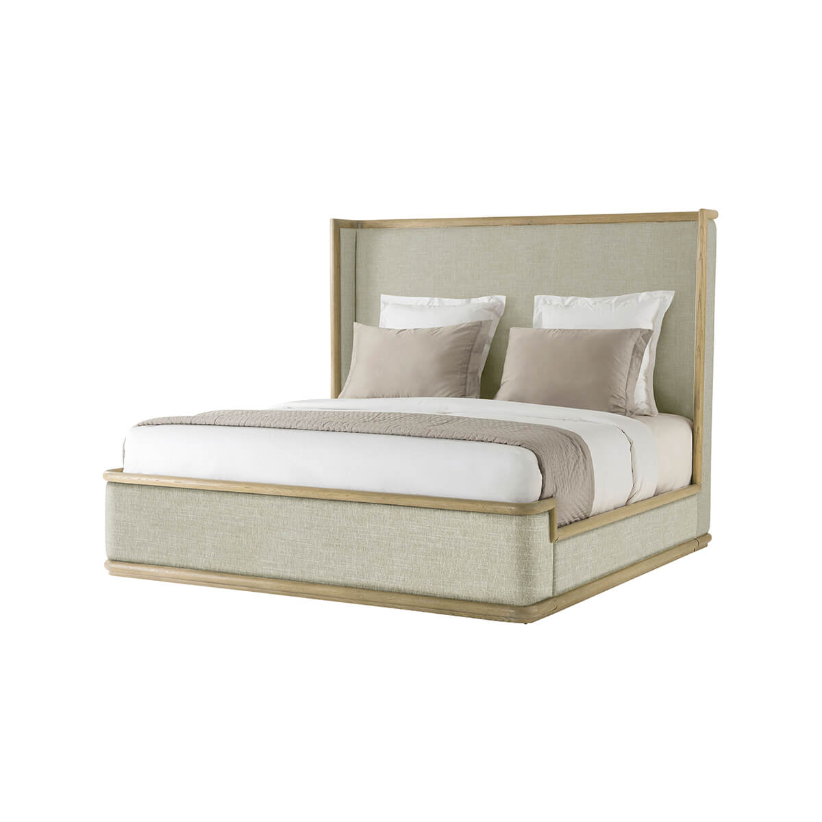 Angled view of upholstered bed with light oak frame.