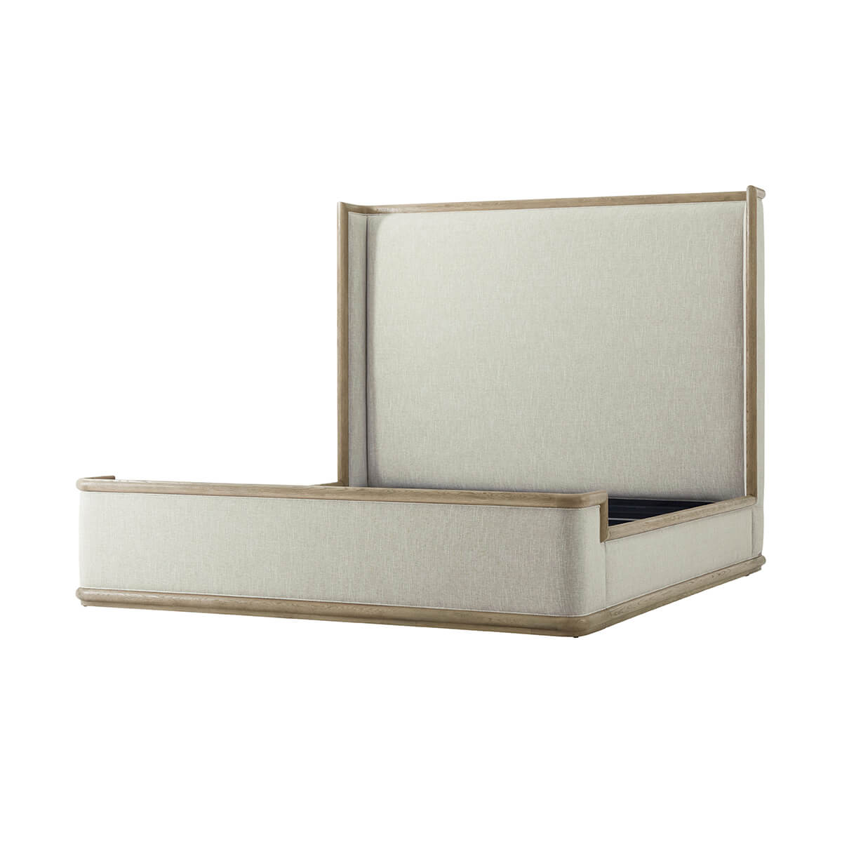 Side perspective of the modern upholstered bed, light oak.