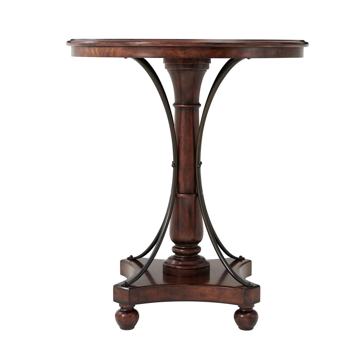 Side view of round dining table with curved base.