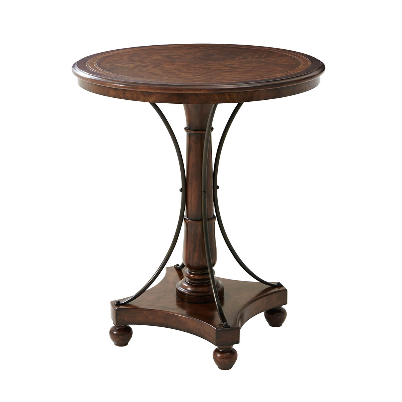 Elegant round wooden bar table with metal accents.