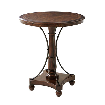 Elegant round wooden bar table with metal accents.