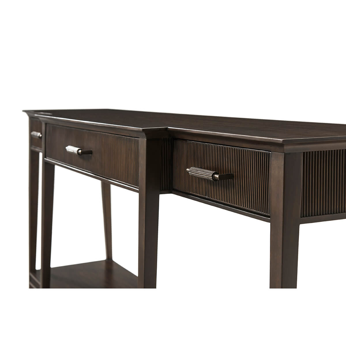 Close-up of modern French console table, drawer handles visible.