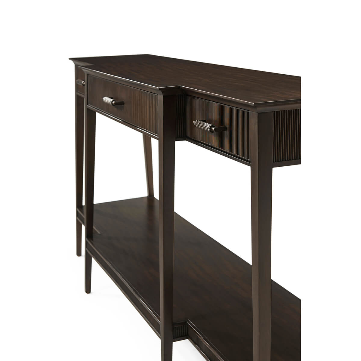 Angled side view of modern French console table, bottom shelf.