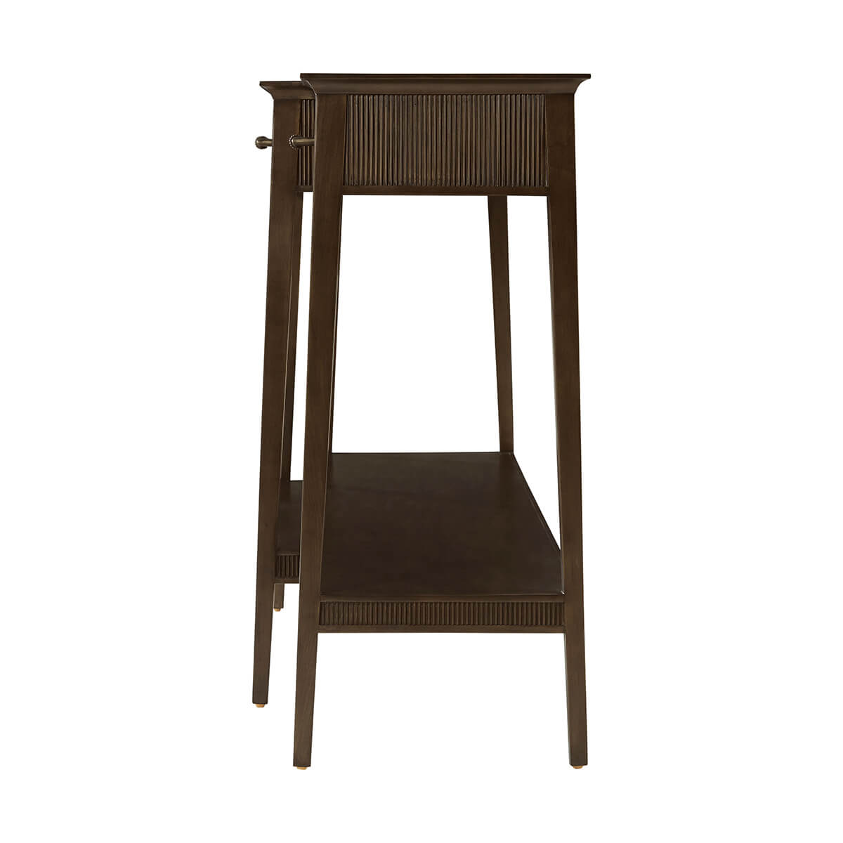 Side profile of modern French console table, narrow frame.