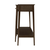 Side profile of modern French console table, narrow frame.