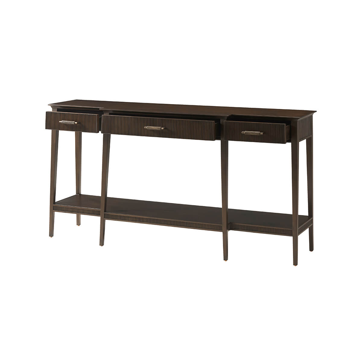 Side view displaying drawers of modern French console table.