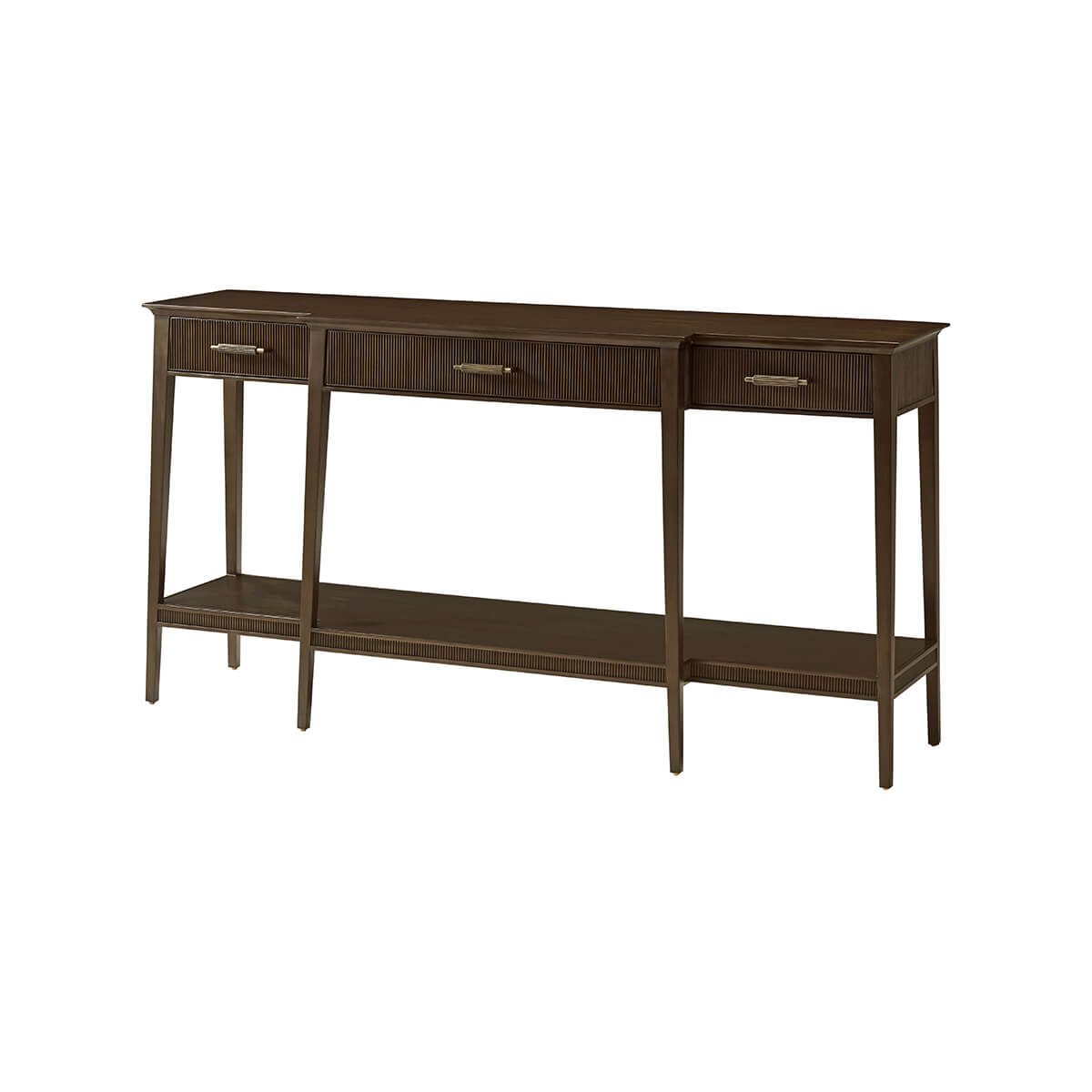 Angled view of modern French console table, three drawers.