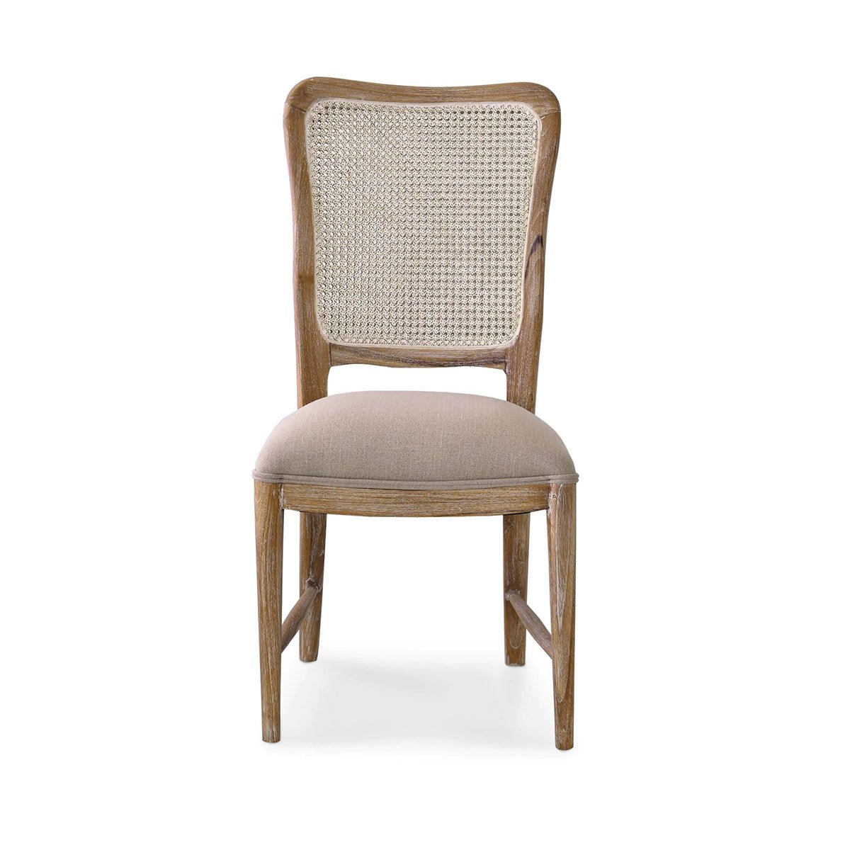 Modern French dining chair front view close-up.