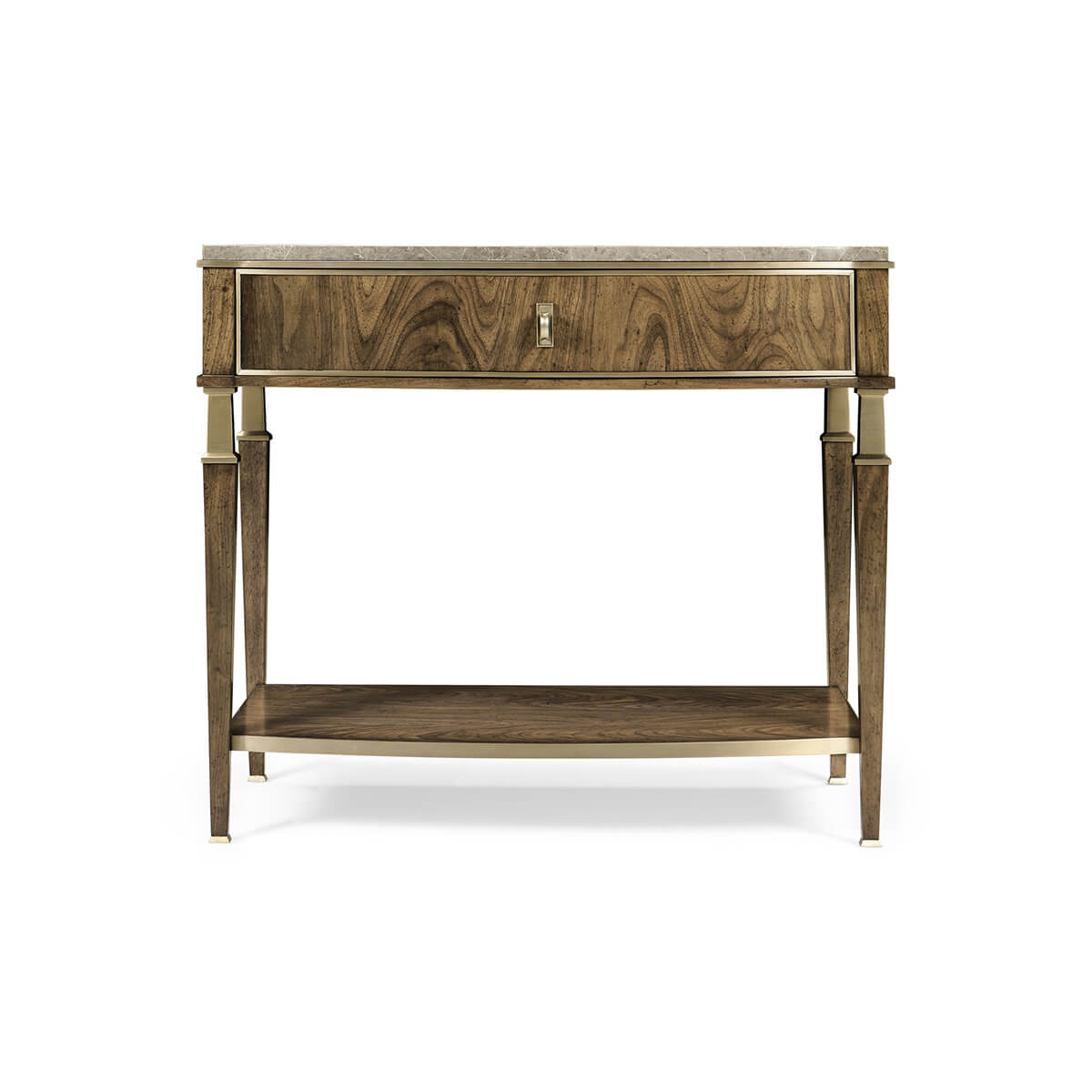 Front view of walnut nightstand with marble top.