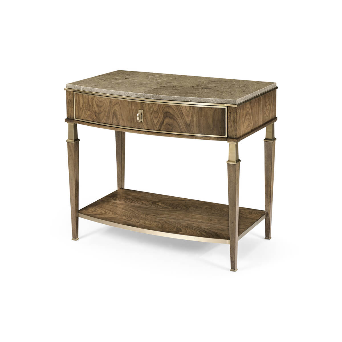 Brown marble top walnut nightstand, angled view.