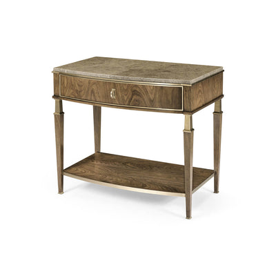 Brown marble top walnut nightstand, angled view.