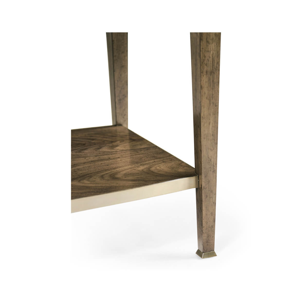 Nightstand leg and lower shelf detail in walnut wood.