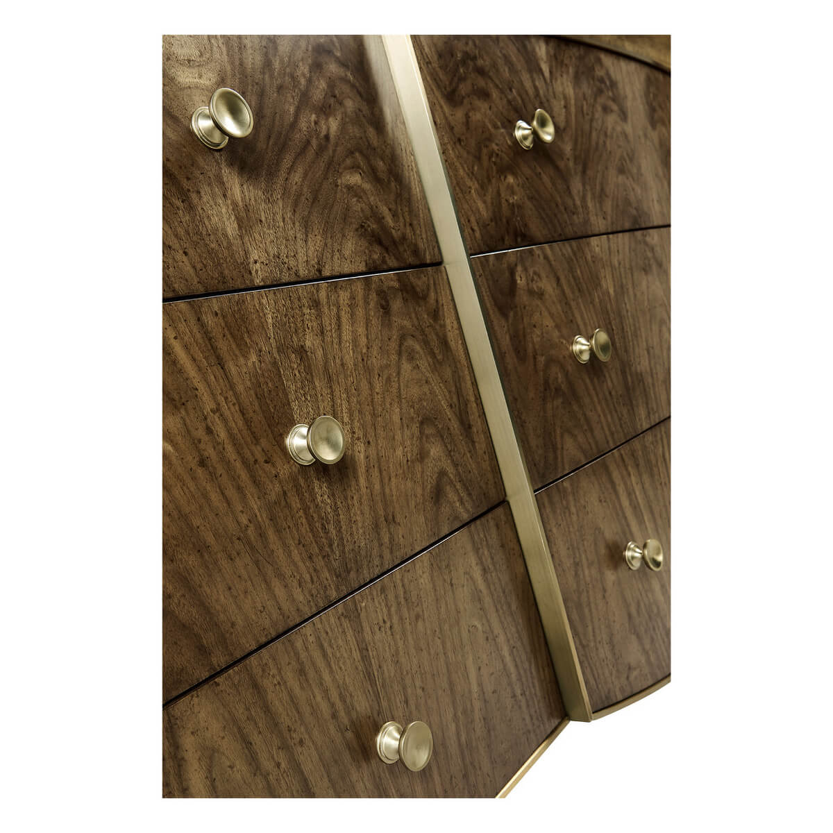 Detailed side view of walnut dresser drawers.