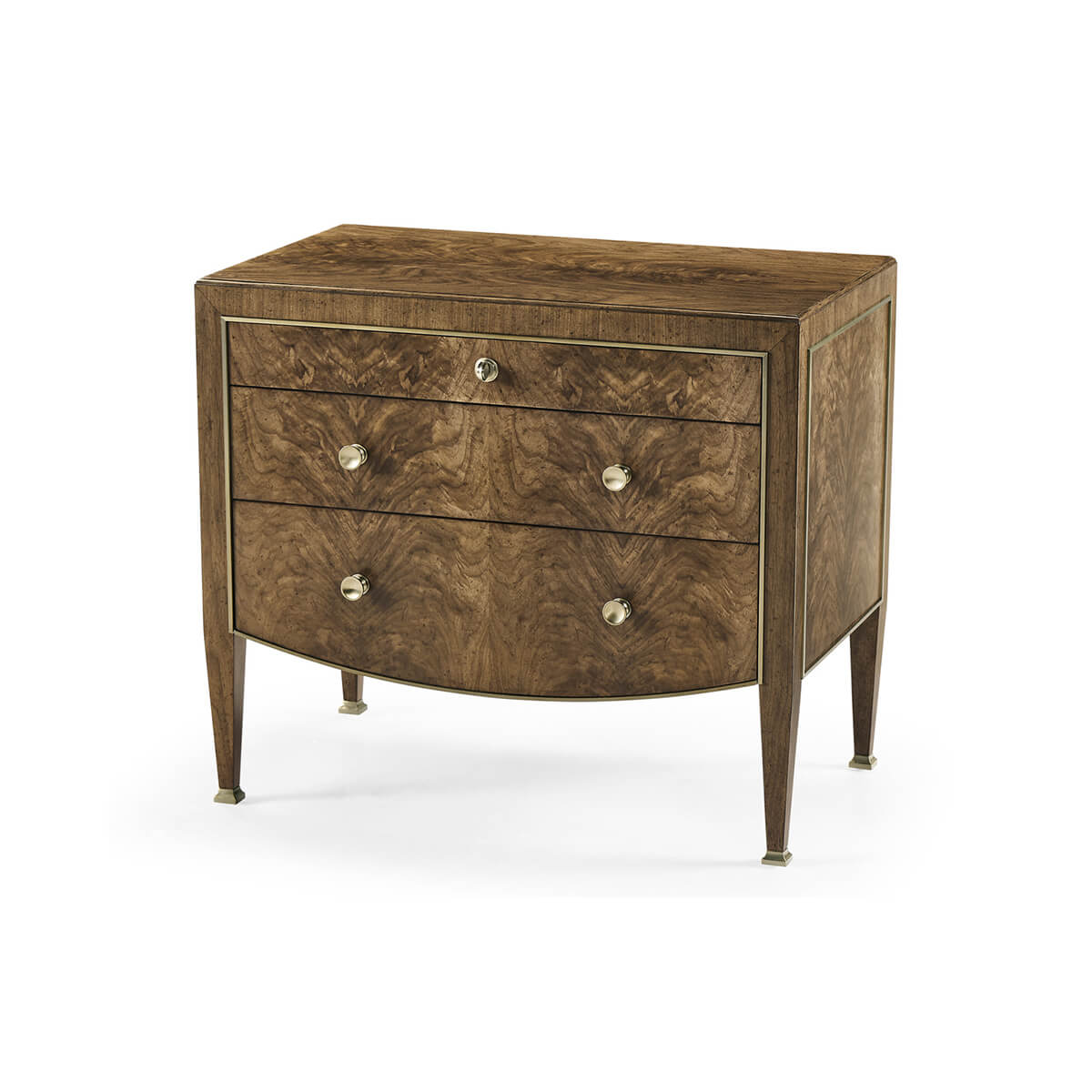 Modern French walnut nightstand, perspective view.