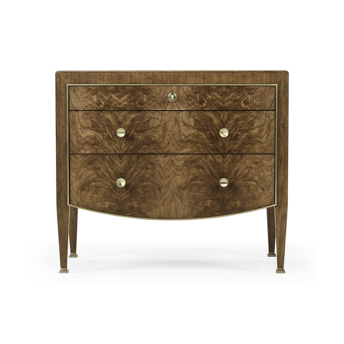 Modern French walnut nightstand, front view.