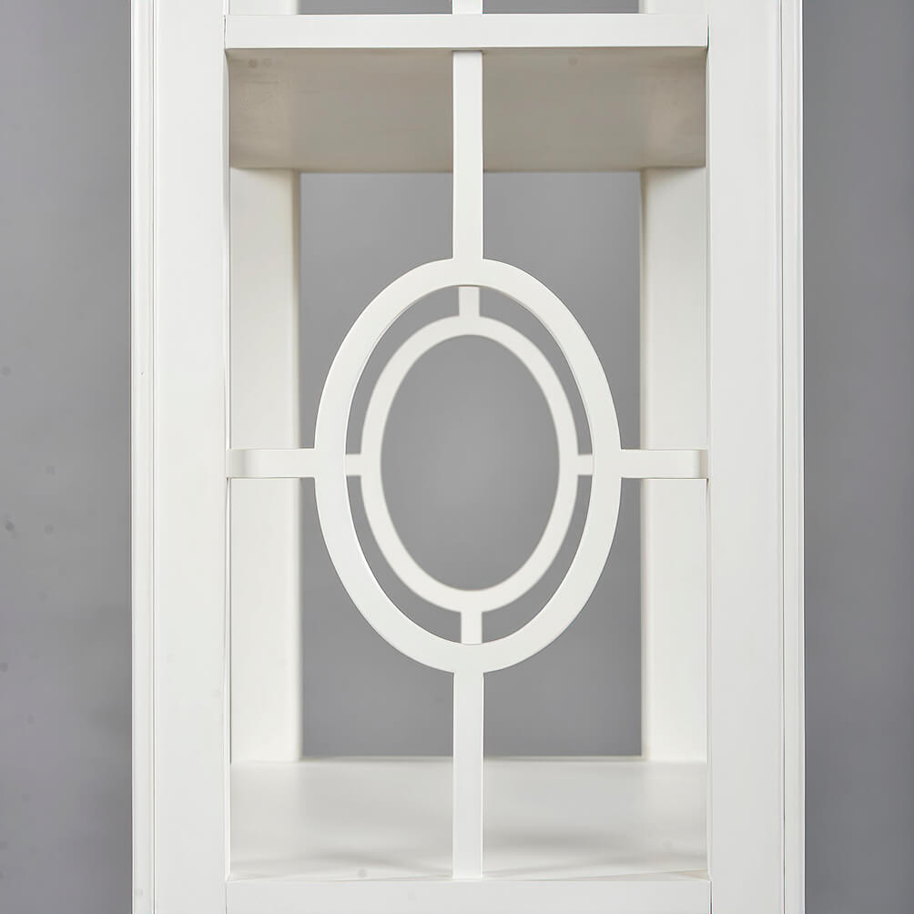 Close-up of white etagere circular fretwork design.
