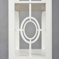 Close-up of white etagere circular fretwork design.