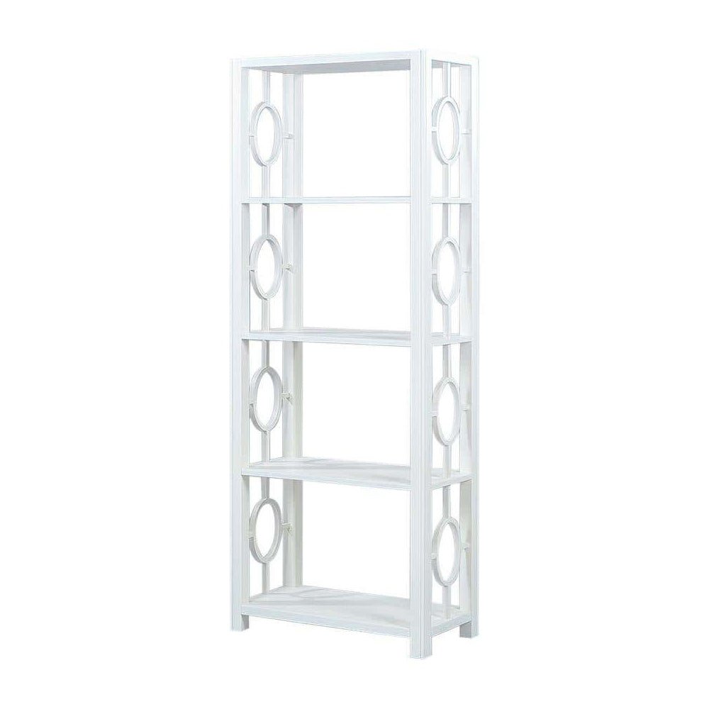 White etagere with open shelves and geometric design.