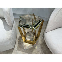 Hexagonal accent table placed in modern living room.