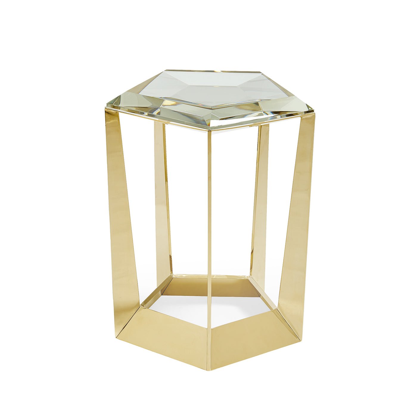 Hexagonal glass accent table with gold frame.