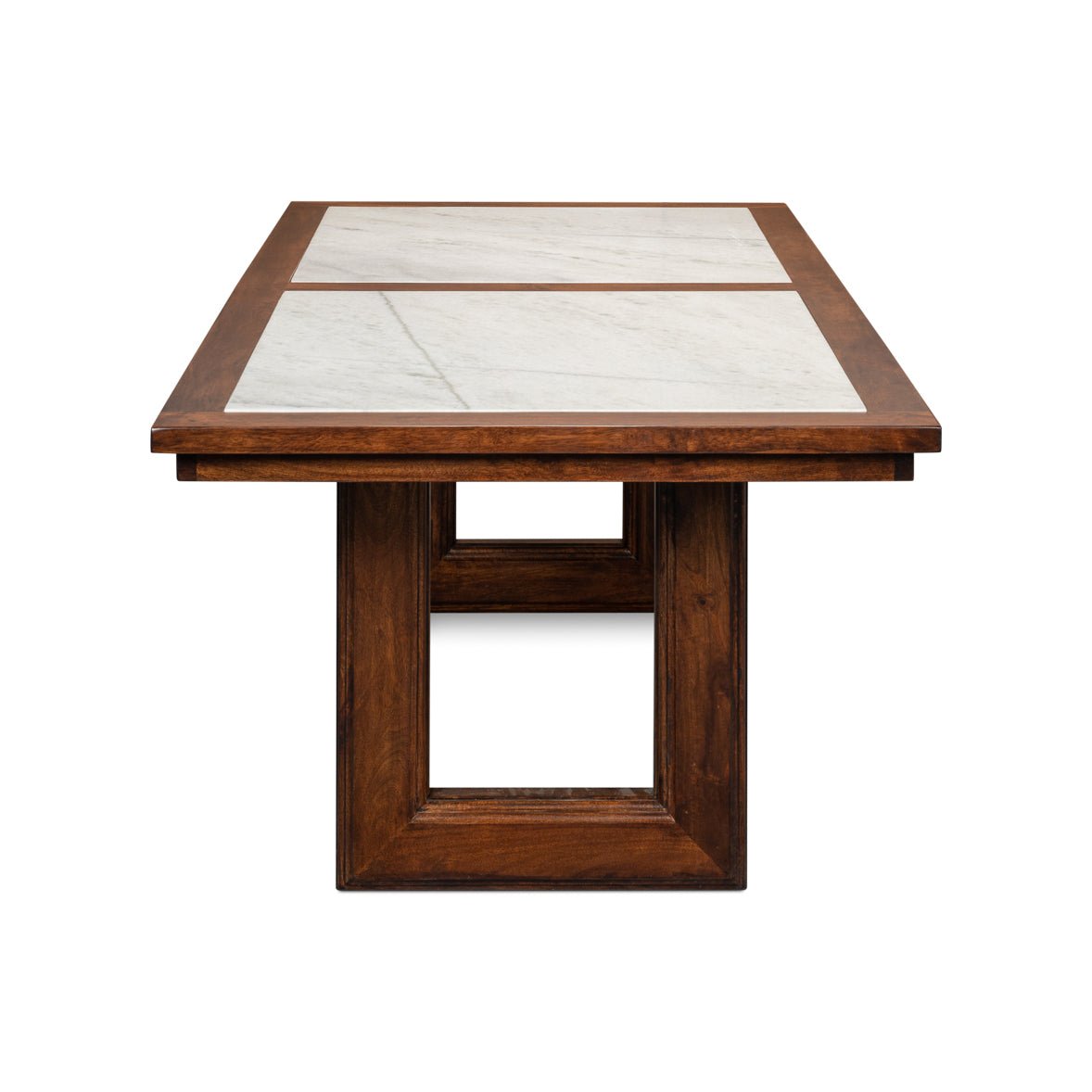 End view of dining table, geometric wooden base.