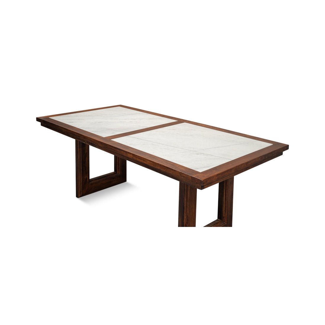 Side view of geometric dining table, marble top detail.