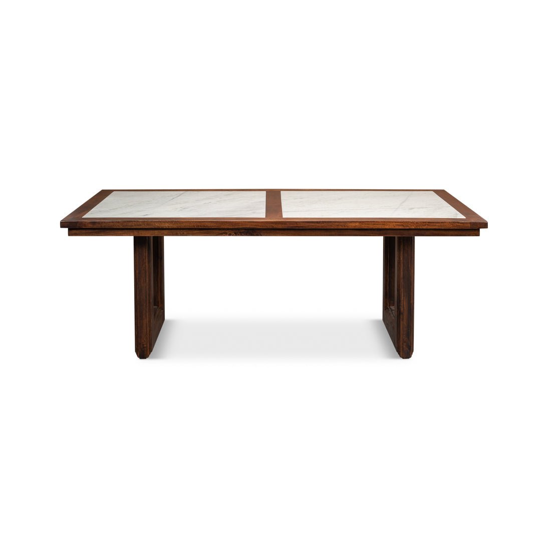 Straight front view of marble top dining table.