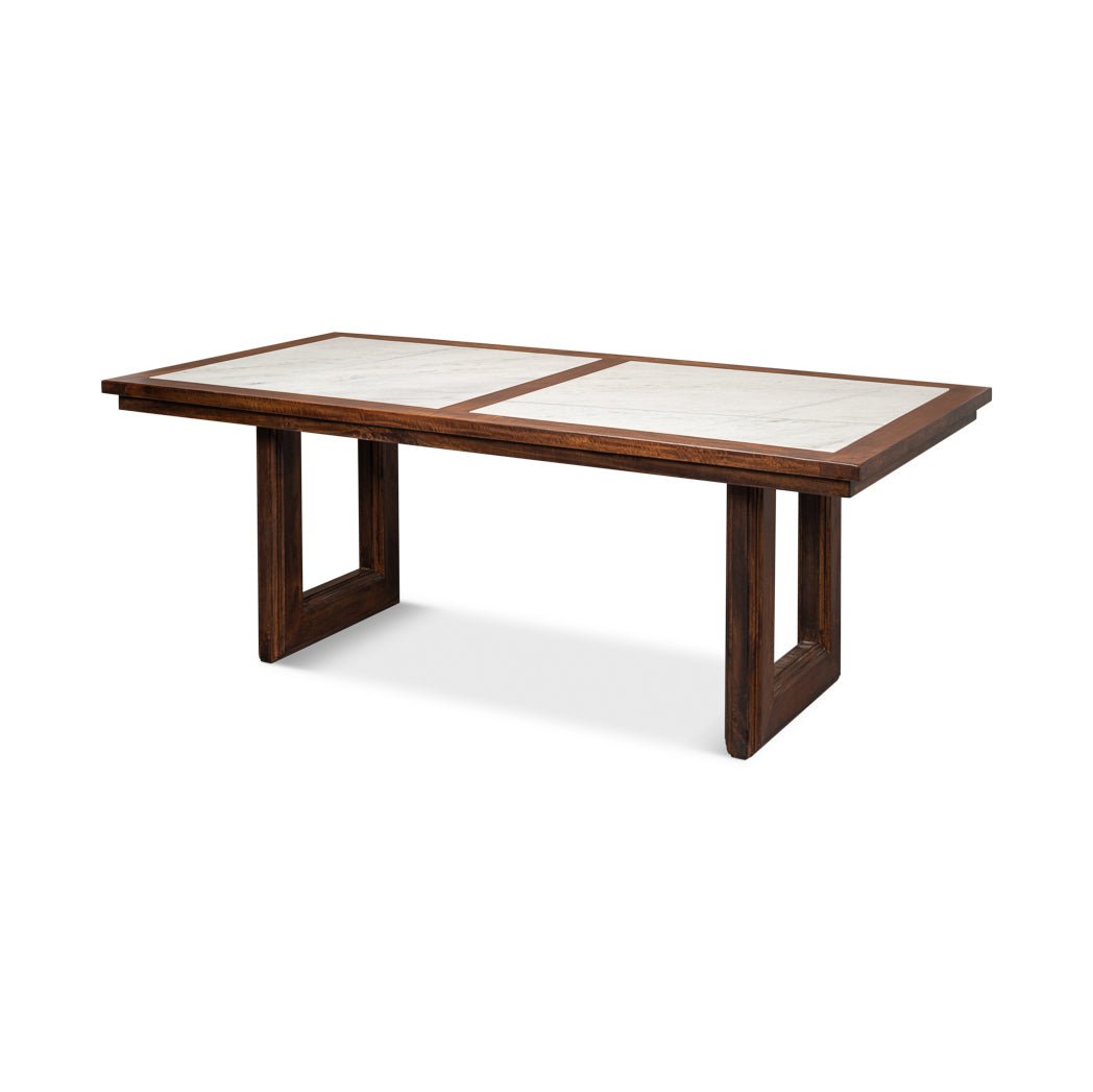 Geometric marble top dining table, angled view, wooden base.
