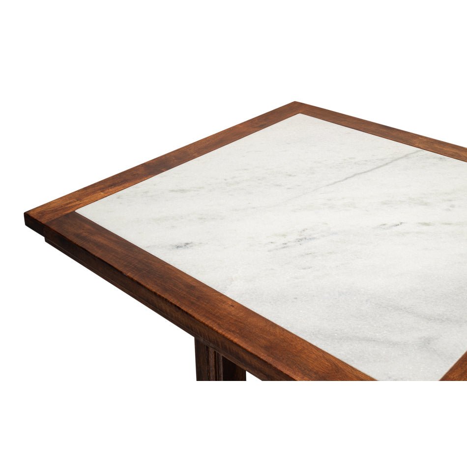 Close-up of dining table corner, marble and wood contrast.