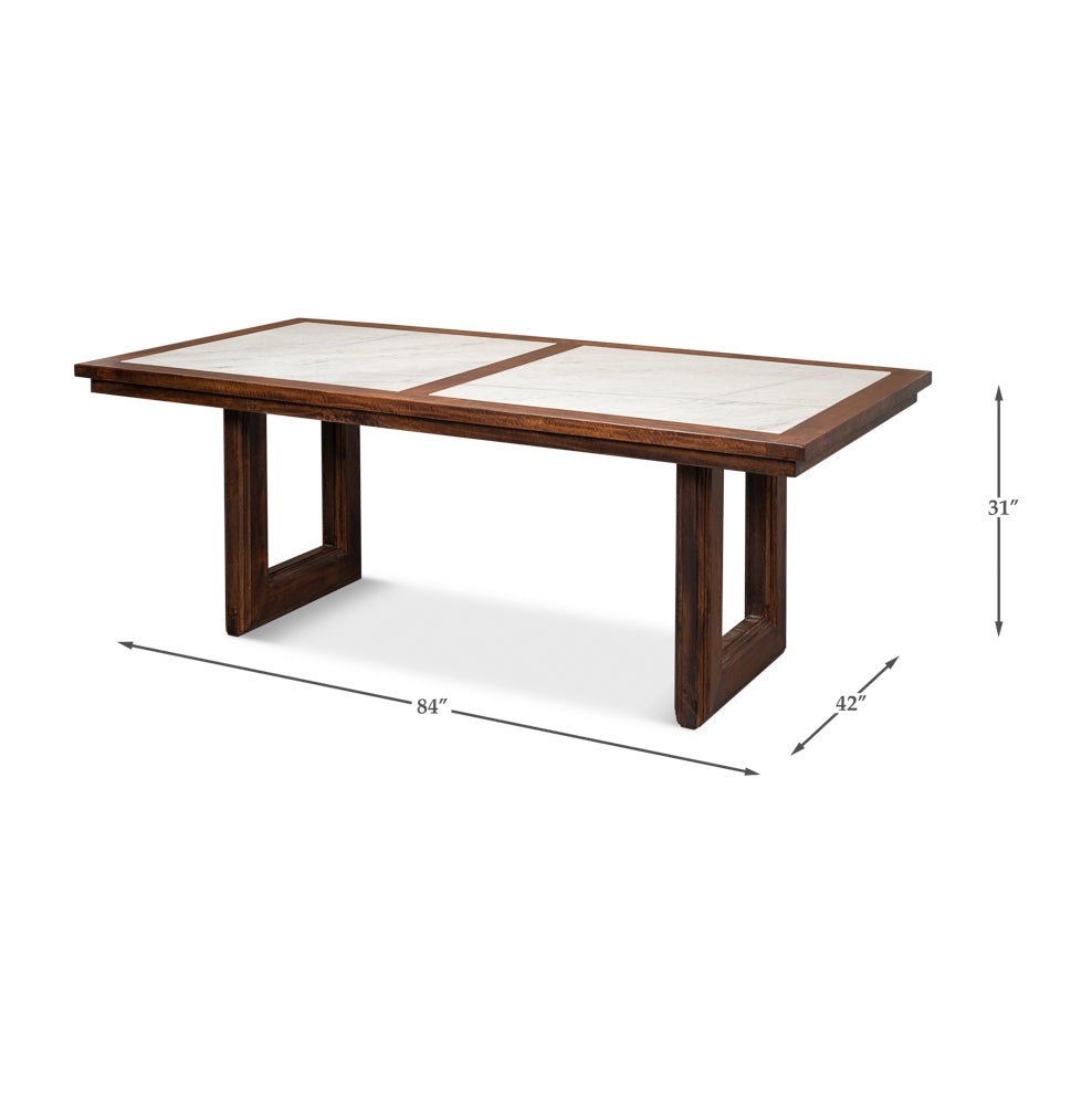 Dining table dimensions shown, geometric marble top design.