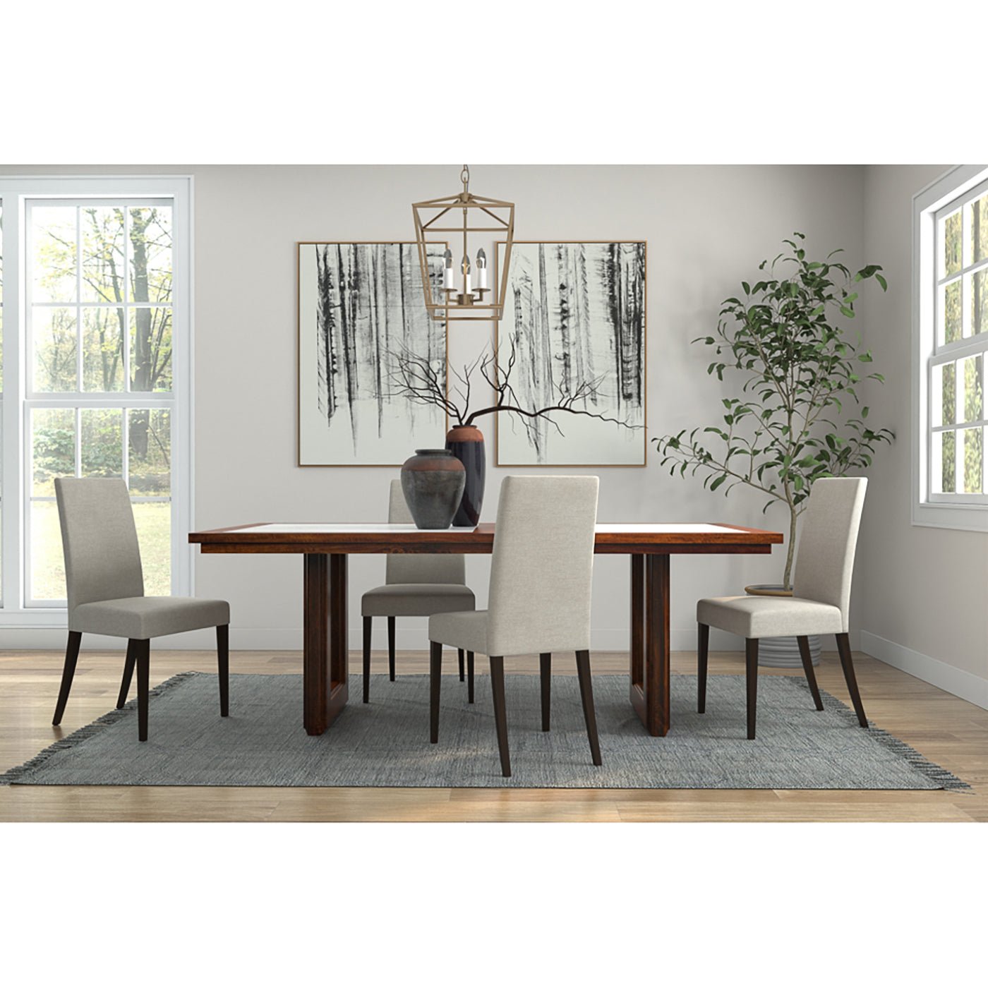 Dining table setup, chairs and decor, in dining room.