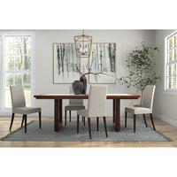 Dining table setup, chairs and decor, in dining room.