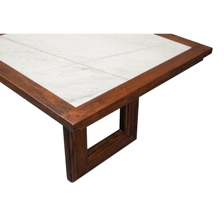 Dining table corner angle, marble and wood texture.