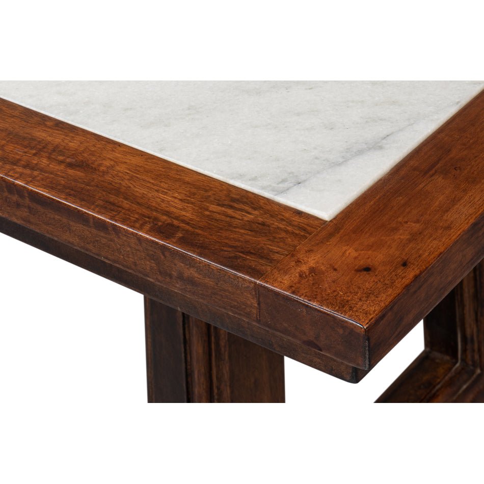 Detailed view of dining table edge, wood and marble junction.