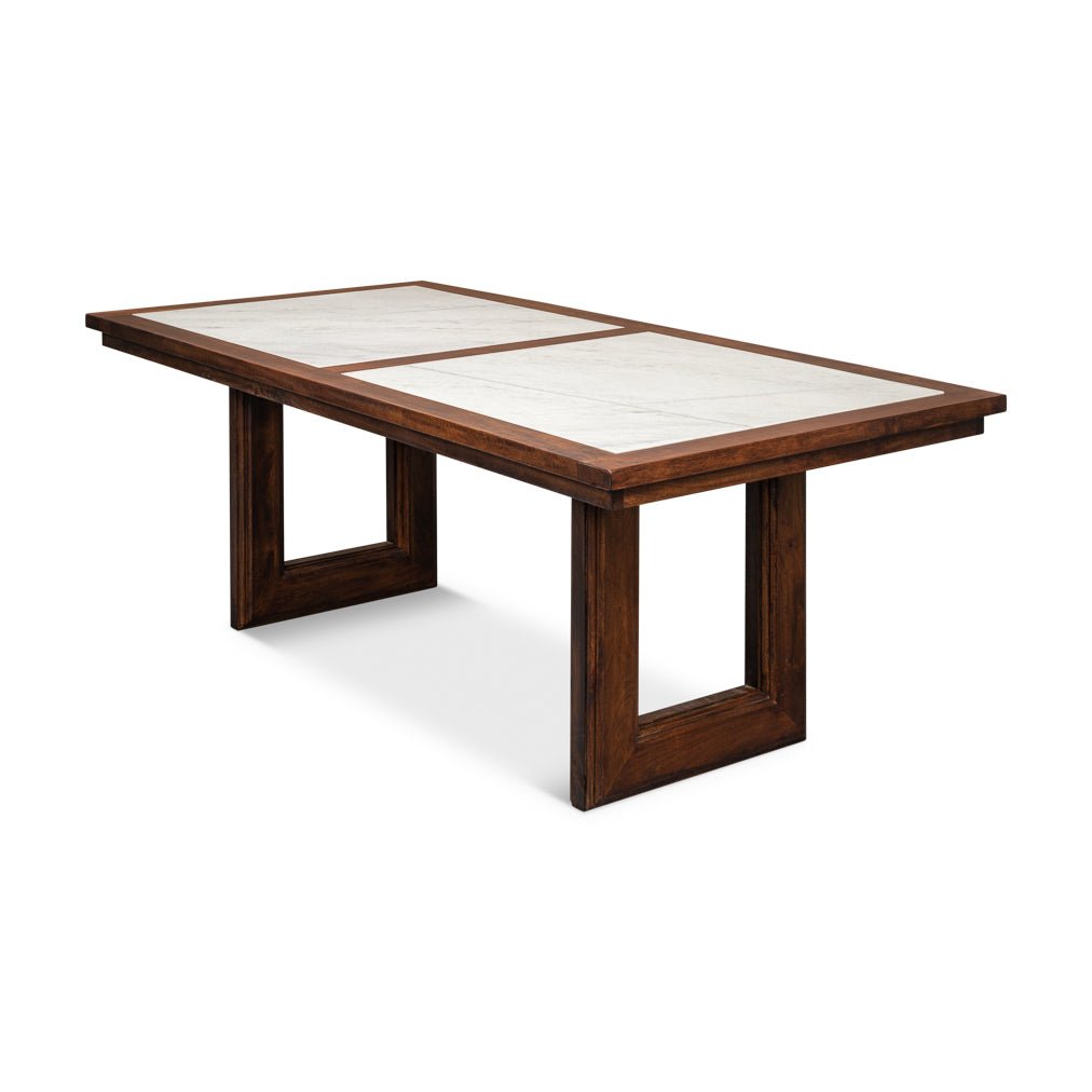Angled view of dining table, geometric wooden legs.
