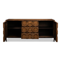 Front view of sideboard with doors and drawers open.