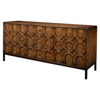 Angled view of geometric sideboard, decorative pattern.