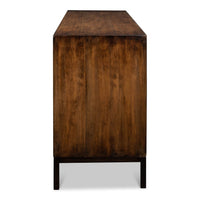 Side view highlighting sideboard's wood finish.