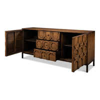 Open sideboard showing shelves and drawers inside.