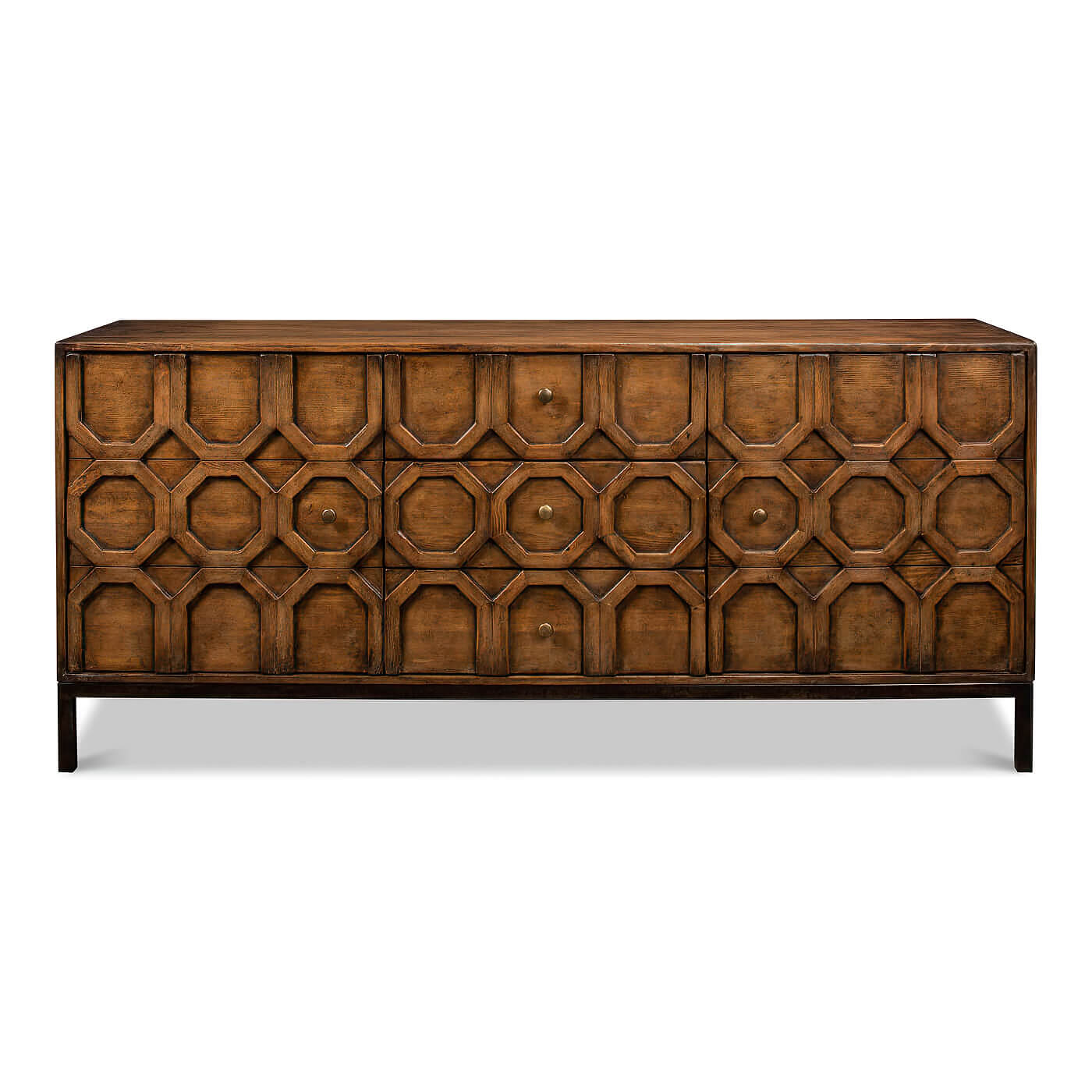 Front view of sideboard with unique geometric pattern.