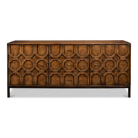 Front view of sideboard with unique geometric pattern.